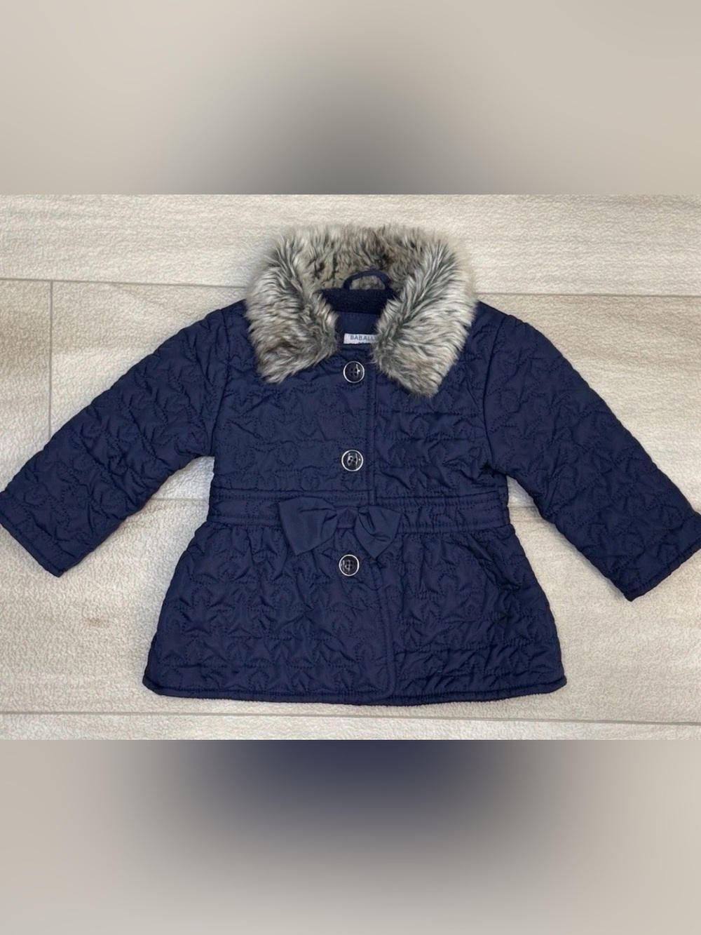 Babaluno Infant Navy Blue Coat Size 6-9 Months Star Quilting Faux Fur Collar Bow